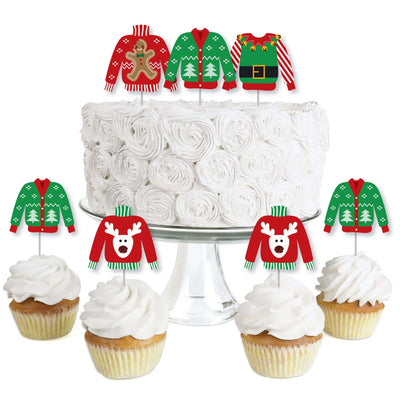 Ugly Sweater - Dessert Cupcake Toppers - Holiday & Christmas Party Clear Treat Picks - Set of 24