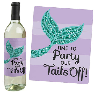 Let's Be Mermaids - Baby Shower or Birthday Party Decorations for Women and Men - Wine Bottle Label Stickers - Set of 4