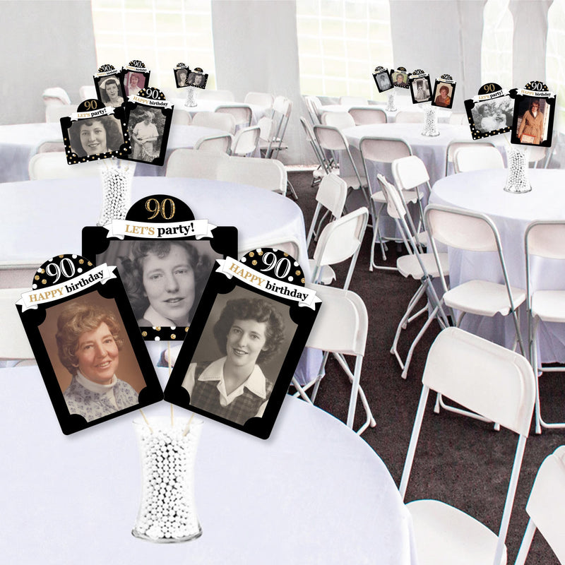 Adult 90th Birthday - Gold - Birthday Party Picture Centerpiece Sticks - Photo Table Toppers - 15 Pieces