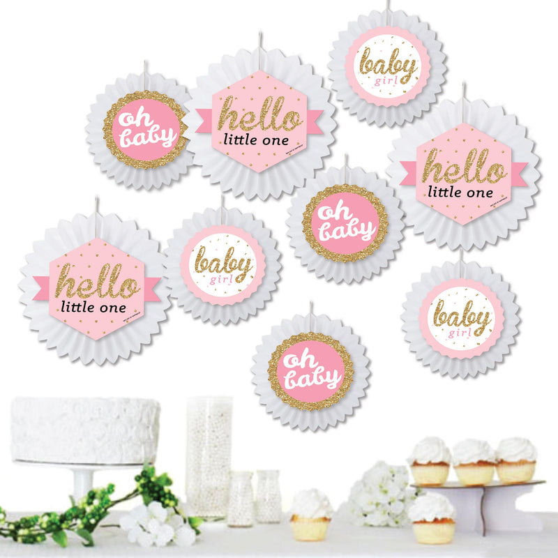 Hello Little One - Pink and Gold - Hanging Girl Baby Shower Tissue Decoration Kit - Paper Fans - Set of 9