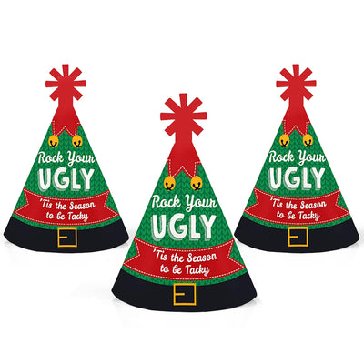 Ugly Sweater - Mini Cone Holiday & Christmas Party Hats - Small Little Party Hats - Set of 8