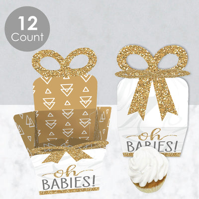 It's Twins - Square Favor Gift Boxes - Gold Twins Baby Shower Bow Boxes - Set of 12