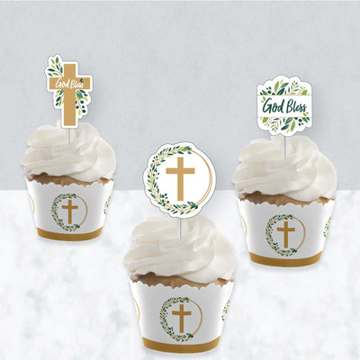 Elegant Cross - Cupcake Decoration - Religious Party Cupcake Wrappers and Treat Picks Kit - Set of 24
