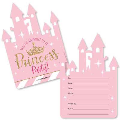 Little Princess Crown - Shaped Fill-In Invitations - Pink and Gold Princess Baby Shower or Birthday Party Invitation Cards with Envelopes - Set of 12
