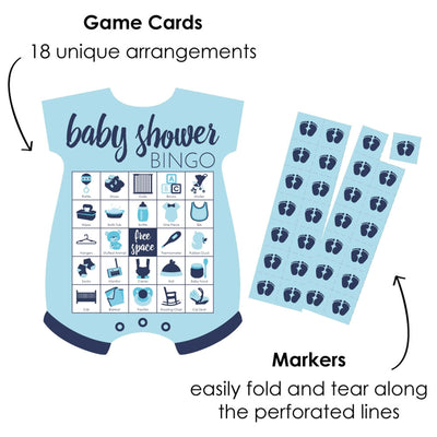 Baby Boy - Picture Bingo Cards and Markers - Blue Baby Shower Shaped Bingo Game - Set of 18