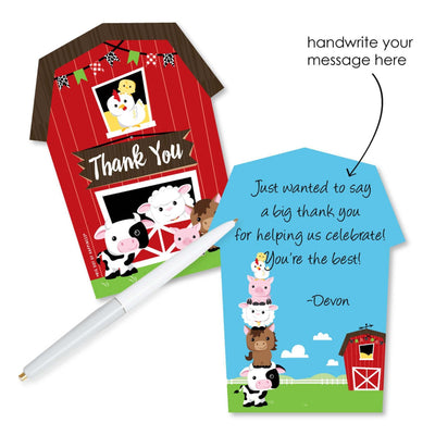Farm Animals - Shaped Thank You Cards - Barnyard Baby Shower or Birthday Party Thank You Note Cards with Envelopes - Set of 12