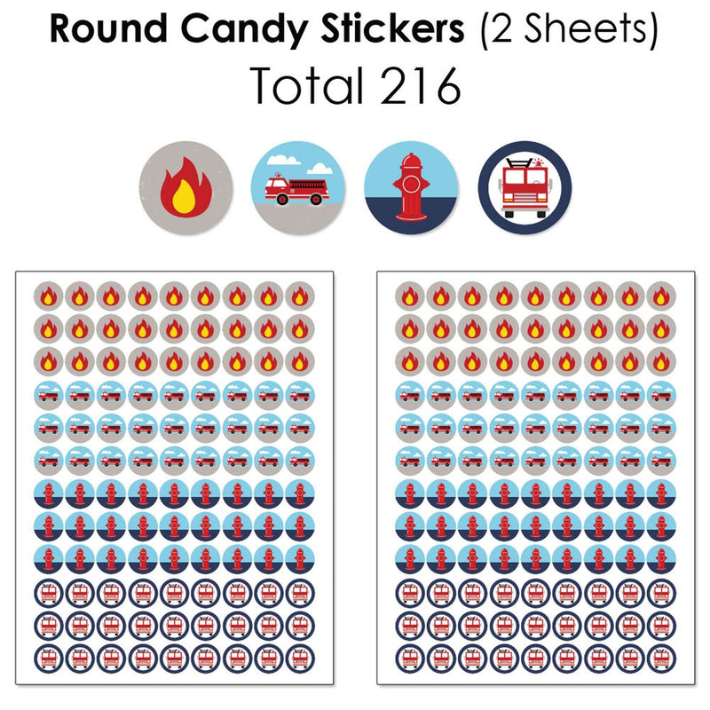 Fired Up Fire Truck - Mini Candy Bar Wrappers, Round Candy Stickers and Circle Stickers - Firefighter Firetruck Baby Shower or Birthday Party Candy Favor Sticker Kit - 304 Pieces