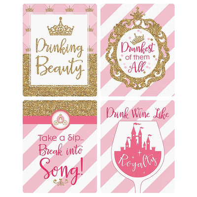Little Princess Crown - Pink and Gold Princess Baby Shower or Birthday Party Decorations for Women and Men - Wine Bottle Label Stickers - Set of 4