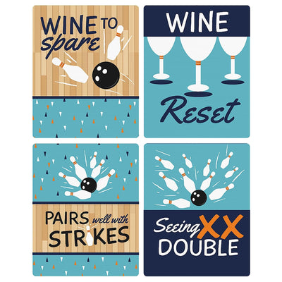 Strike Up the Fun - Bowling - Wine Bottle Gift Labels - Bowling Ball Party Decorations for Women and Men - Wine Bottle Label Stickers - Set of 4
