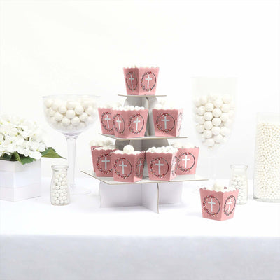 Pink Elegant Cross - Party Mini Favor Boxes - Girl Religious Party Treat Candy Boxes - Set of 12