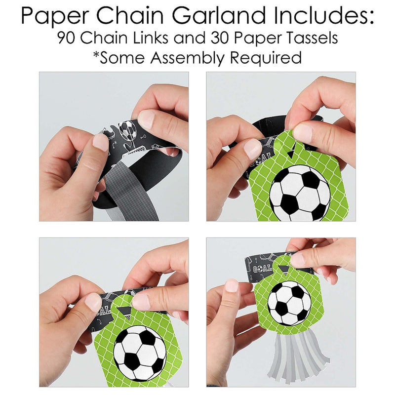 GOAAAL! - Soccer - 90 Chain Links and 30 Paper Tassels Decoration Kit - Baby Shower or Birthday Party Paper Chains Garland - 21 feet