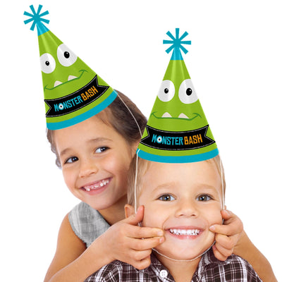 Monster Bash - Cone Little Monster Happy Birthday Party Hats for Kids and Adults - Set of 8 (Standard Size)