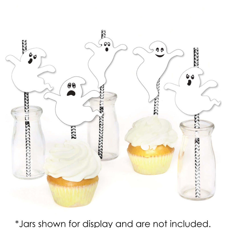 Spooky Ghost - Paper Straw Decor - Halloween Party Striped Decorative Straws - Set of 24