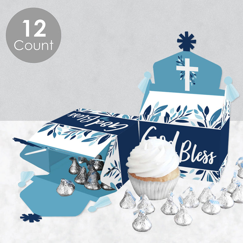 Blue Elegant Cross - Treat Box Party Favors - Boy Religious Party Goodie Gable Boxes - Set of 12