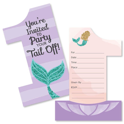 1st Birthday Let's Be Mermaids - Shaped Fill-In Invitations - First Birthday Party Invitation Cards with Envelopes - Set of 12