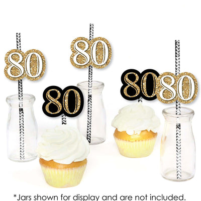 Adult 80th Birthday - Gold - Paper Straw Decor - Birthday Party Striped Decorative Straws - Set of 24