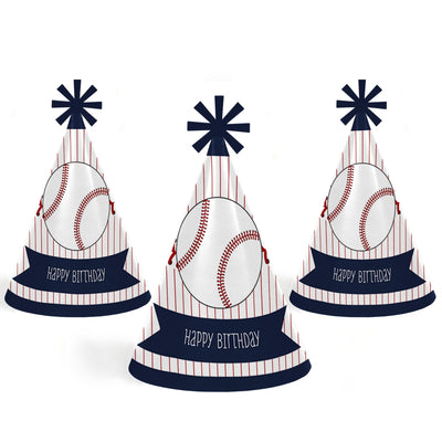 Batter Up - Baseball - Cone Happy Birthday Party Hats for Kids and Adults - Set of 8 (Standard Size)