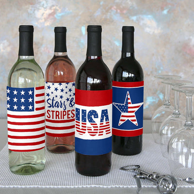 Stars and Stripes - Memorial Day, 4th of July and Labor Day USA Patriotic Party Decorations for Women and Men - Wine Bottle Labels - Set of 4