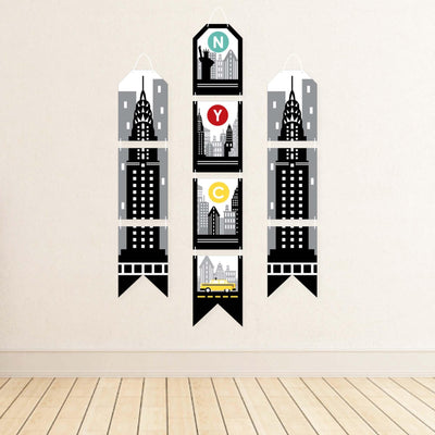 NYC Cityscape - Hanging Vertical Paper Door Banners - New York City Party Wall Decoration Kit - Indoor Door Decor