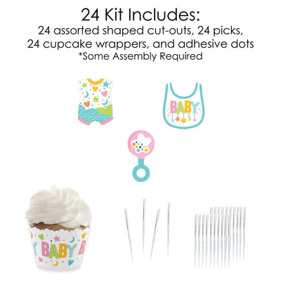 Colorful Baby Shower - Cupcake Decoration - Gender Neutral Party Cupcake Wrappers and Treat Picks Kit - Set of 24