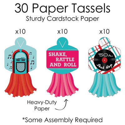 50's Sock Hop - 90 Chain Links and 30 Paper Tassels Decoration Kit - 1950s Rock N Roll Party Paper Chains Garland - 21 feet