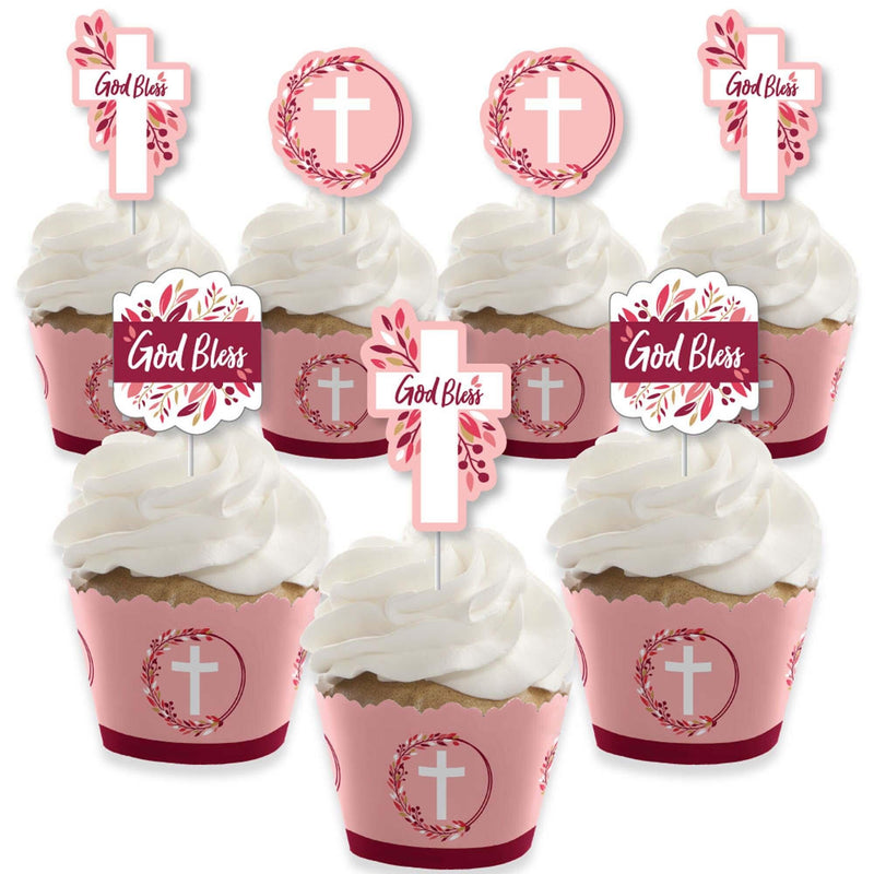 Pink Elegant Cross - Cupcake Decoration - Girl Religious Party Cupcake Wrappers and Treat Picks Kit - Set of 24