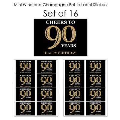 Adult 90th Birthday - Gold - Mini Wine and Champagne Bottle Label Stickers - Birthday Party Favor Gift - For Women and Men - Set of 16