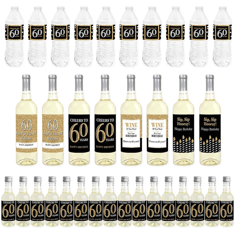 Adult 60th Birthday - Gold - Mini Wine Bottle Labels, Wine Bottle Labels and Water Bottle Labels - Birthday Party Decorations - Beverage Bar Kit - 34 Pieces