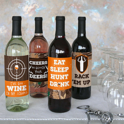 Gone Hunting - Deer Hunting Camo Baby Shower or Birthday Party Decorations for Women and Men - Wine Bottle Label Stickers - Set of 4