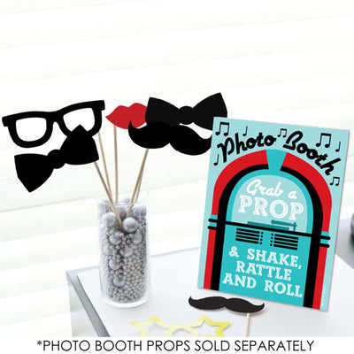 50's Sock Hop Photo Booth Sign - 1950s Rock N Roll Party Decorations - Printed on Sturdy Plastic Material - 10.5 x 13.75 inches - Sign with Stand - 1 Piece