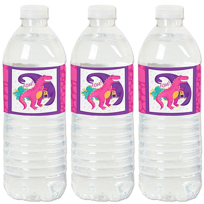 Roar Dinosaur Girl - Dino Mite T-Rex Baby Shower or Birthday Party Water Bottle Sticker Labels - Set of 20