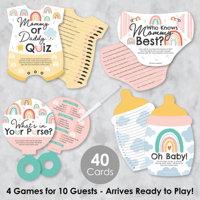 Hello Rainbow - 4 Boho Baby Shower Games - 10 Cards Each - Who Knows Mommy Best, Mommy or Daddy Quiz, What's in Your Purse and Oh Baby - Gamerific Bundle
