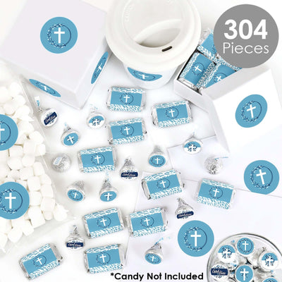 Blue Elegant Cross - Mini Candy Bar Wrappers, Round Candy Stickers and Circle Stickers - Boy Religious Party Candy Favor Sticker Kit - 304 Pieces