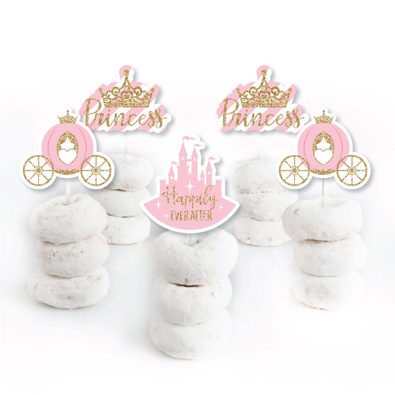 Little Princess Crown - Dessert Cupcake Toppers - Pink and Gold Princess Baby Shower or Birthday Party Clear Treat Picks - Set of 24