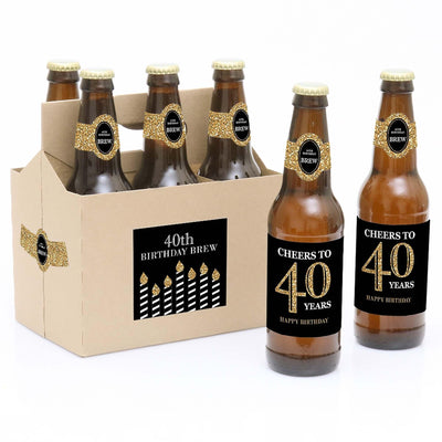 Adult 40th Birthday - Gold - Decorations for Women and Men - 6 Beer Bottle Labels and 1 Carrier - Birthday Gift
