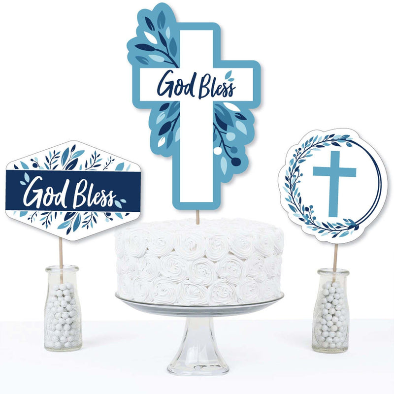 Blue Elegant Cross - Boy Religious Party Centerpiece Sticks - Table Toppers - Set of 15