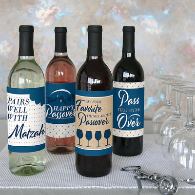 Happy Passover - Pesach Jewish Holiday Party Decorations for Women and Men - Wine Bottle Label Stickers - Set of 4