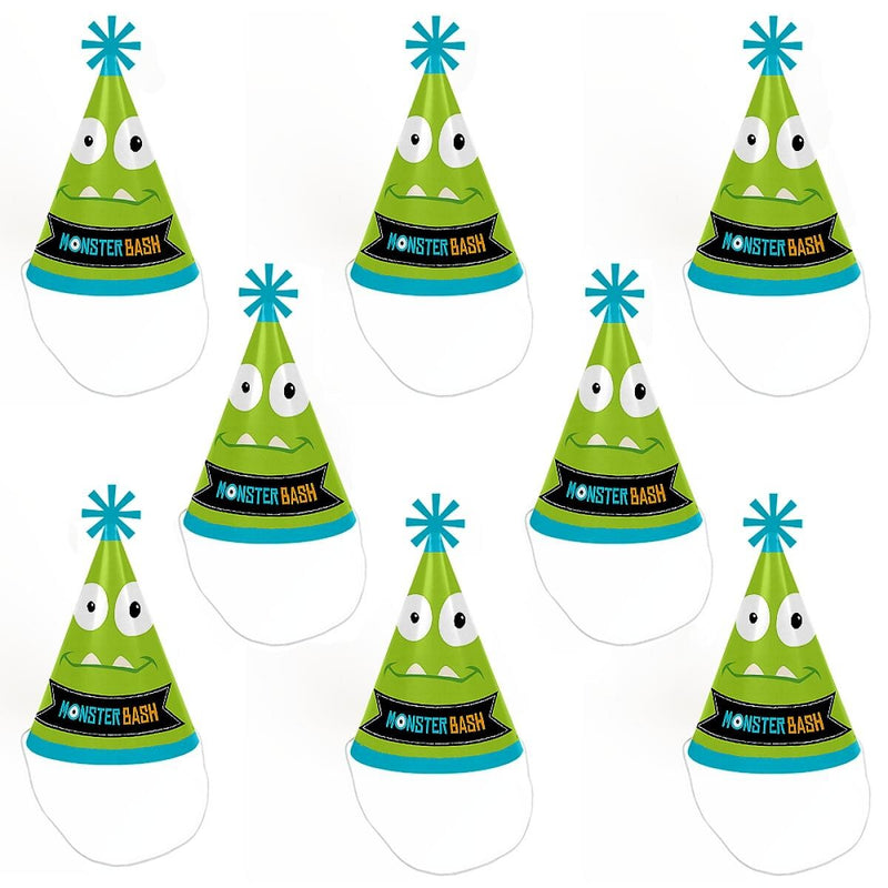 Monster Bash - Cone Little Monster Happy Birthday Party Hats for Kids and Adults - Set of 8 (Standard Size)