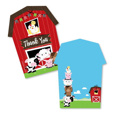 Farm Animals - Shaped Thank You Cards - Barnyard Baby Shower or Birthday Party Thank You Note Cards with Envelopes - Set of 12