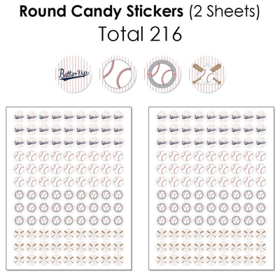 Batter Up - Baseball - Mini Candy Bar Wrappers, Round Candy Stickers and Circle Stickers - Baby Shower or Birthday Party Candy Favor Sticker Kit - 304 Pieces