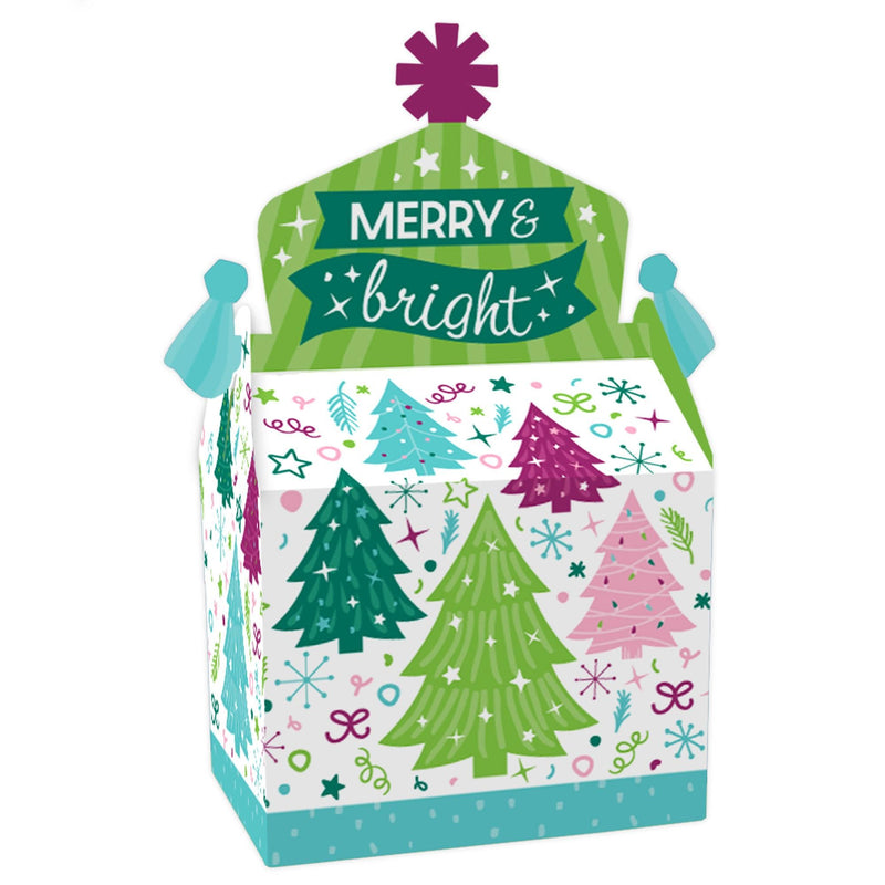 Merry and Bright Trees - Treat Box Party Favors - Colorful Whimsical Christmas Party Goodie Gable Boxes - Set of 12