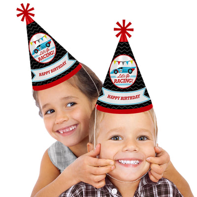 Let's Go Racing - Racecar - Cone Race Car Happy Birthday Party Hats for Kids and Adults - Set of 8 (Standard Size)