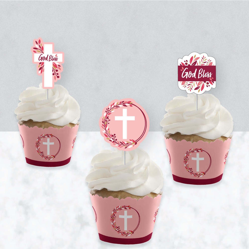 Pink Elegant Cross - Cupcake Decoration - Girl Religious Party Cupcake Wrappers and Treat Picks Kit - Set of 24