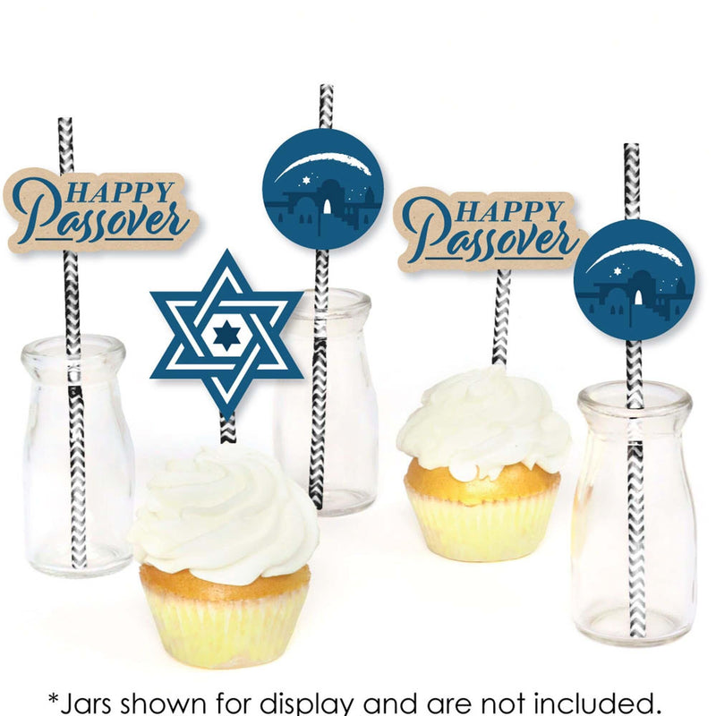 Happy Passover - Paper Straw Decor - Pesach Jewish Holiday Party Striped Decorative Straws - Set of 24