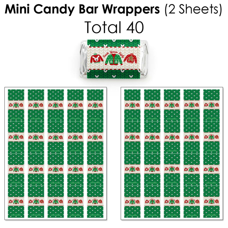 Ugly Sweater - Mini Candy Bar Wrappers, Round Candy Stickers and Circle Stickers - Holiday and Christmas Party Candy Favor Sticker Kit - 304 Pieces