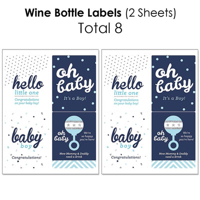 Hello Little One - Blue and Silver - Mini Wine Bottle Labels, Wine Bottle Labels and Water Bottle Labels - Boy Baby Shower Decorations - Beverage Bar Kit - 34 Pieces