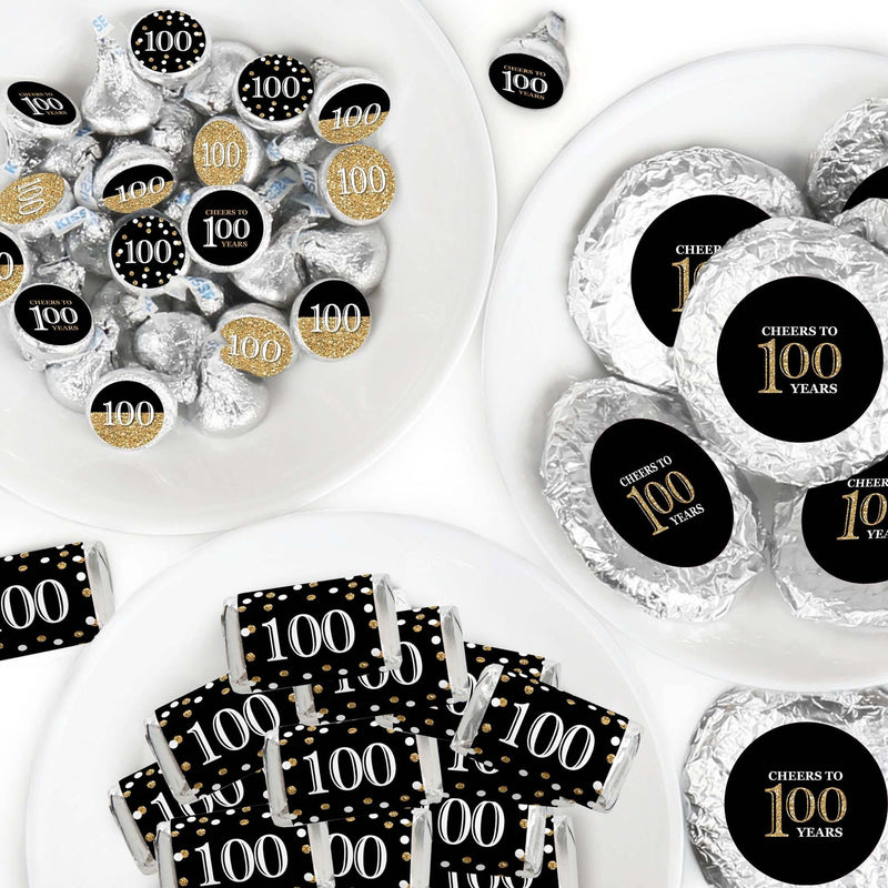 Adult 100th Birthday - Gold - Mini Candy Bar Wrappers, Round Candy Stickers and Circle Stickers - Birthday Party Candy Favor Sticker Kit - 304 Pieces