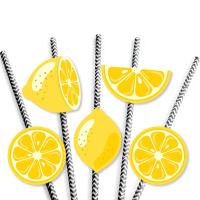 So Fresh - Lemon - Paper Straw Decor - Citrus Lemonade Party Striped Decorative Straws - Set of 24