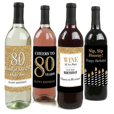 Adult 80th Birthday - Gold - Decorations for Women and Men - Wine Bottle Label Birthday Party Gift - Set of 4