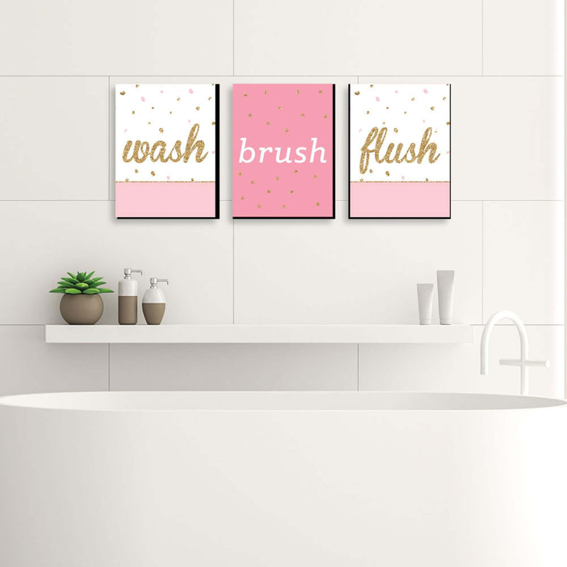 Girl - Pink and Gold - Kids Bathroom Rules Wall Art - 7.5 x 10 inches - Set of 3 Signs - Wash, Brush, Flush